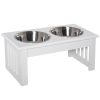 PawHut Wooden Dog Feeding Station with 2 Stainless Steel Bowls and Non-Slip Base Elegant White