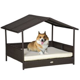 PawHut Wicker Dog Bed Outdoor Elevated with Rattan Canopy Cushioned PE Rattan Dog Cat House Sleeping Pad Cream
